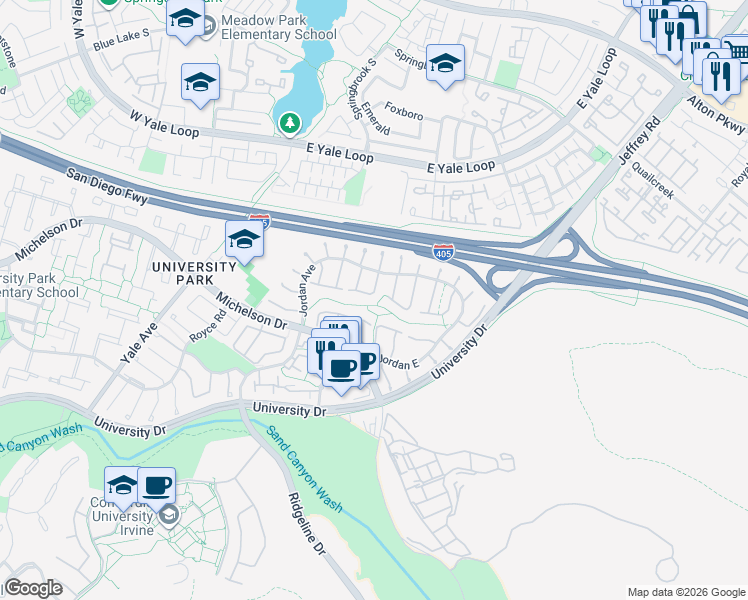 map of restaurants, bars, coffee shops, grocery stores, and more near 17303 Rosewood in Irvine