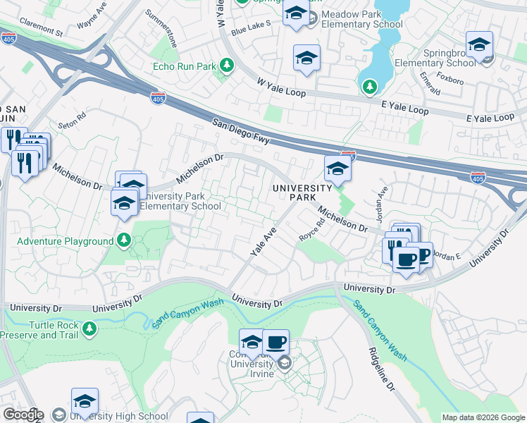 map of restaurants, bars, coffee shops, grocery stores, and more near 52 Oak Tree Lane in Irvine