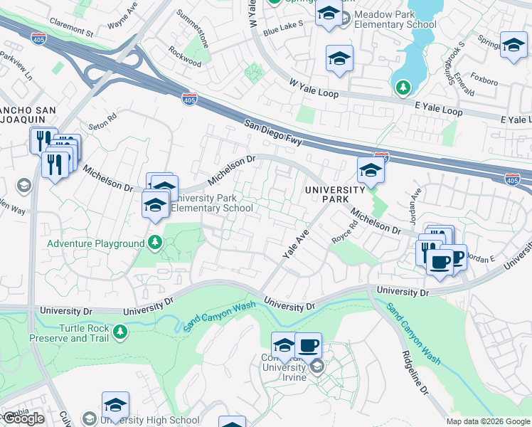map of restaurants, bars, coffee shops, grocery stores, and more near 39 Oak Tree Lane in Irvine