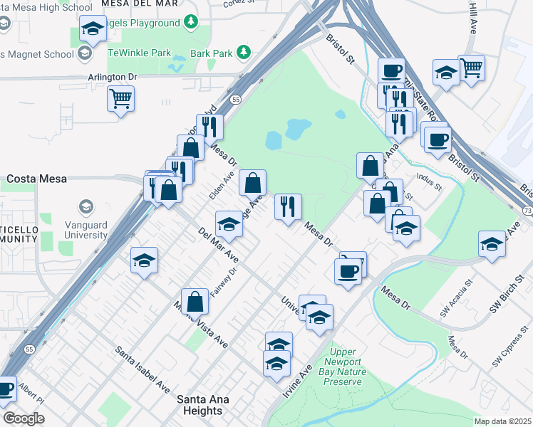 map of restaurants, bars, coffee shops, grocery stores, and more near 2655 Club Mesa Place in Costa Mesa