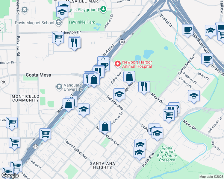 map of restaurants, bars, coffee shops, grocery stores, and more near 2619 Orange Avenue in Costa Mesa