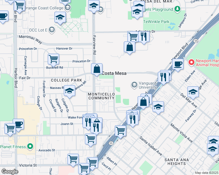 map of restaurants, bars, coffee shops, grocery stores, and more near 2408 Saratoga Way in Costa Mesa
