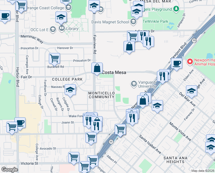 map of restaurants, bars, coffee shops, grocery stores, and more near 2408 Saratoga Way in Costa Mesa