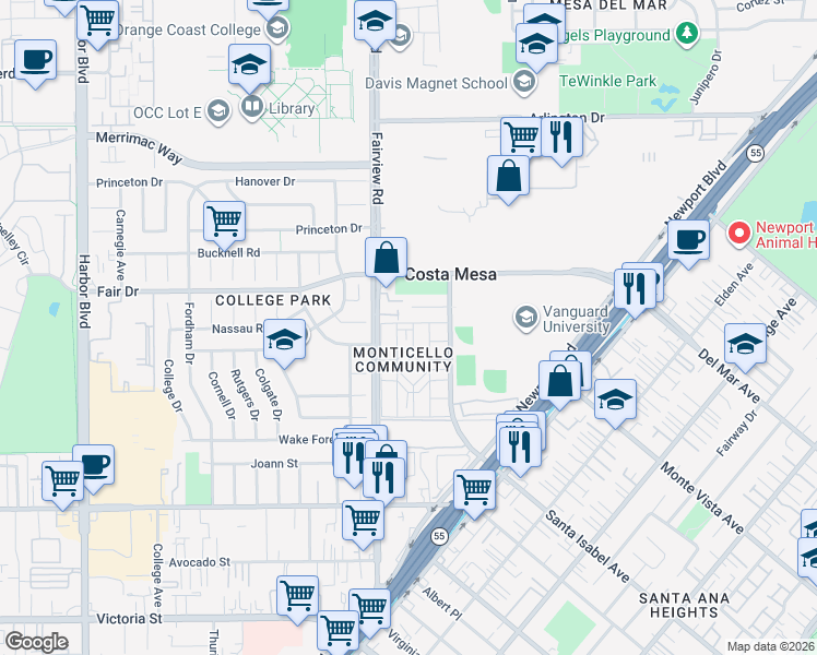 map of restaurants, bars, coffee shops, grocery stores, and more near 2408 Saratoga Way in Costa Mesa