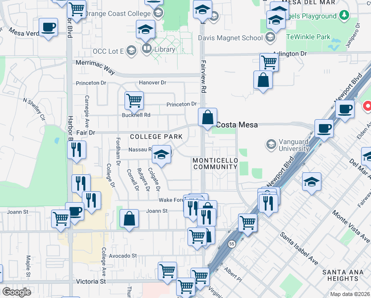 map of restaurants, bars, coffee shops, grocery stores, and more near 2395 Columbia Drive in Costa Mesa