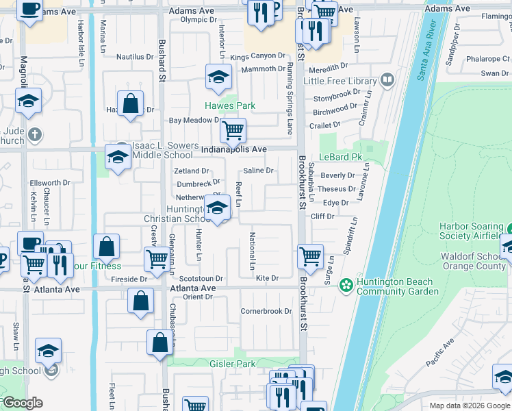 map of restaurants, bars, coffee shops, grocery stores, and more near 9802 Silver Strand Drive in Huntington Beach