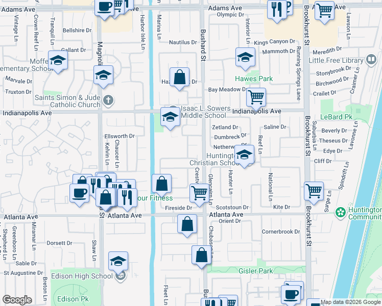 map of restaurants, bars, coffee shops, grocery stores, and more near 9432 Sunridge Drive in Huntington Beach