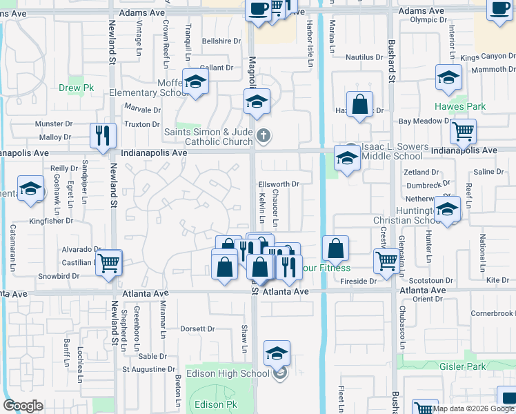 map of restaurants, bars, coffee shops, grocery stores, and more near 20732 Kelvin Lane in Huntington Beach