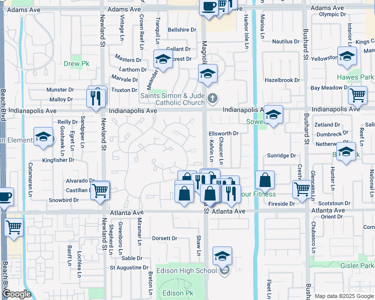 map of restaurants, bars, coffee shops, grocery stores, and more near 8932 Biscayne Court in Huntington Beach