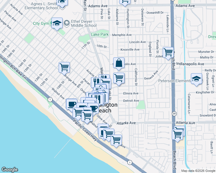 map of restaurants, bars, coffee shops, grocery stores, and more near 514 Lake Street in Huntington Beach