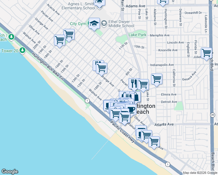 map of restaurants, bars, coffee shops, grocery stores, and more near 810 Olive Avenue in Huntington Beach