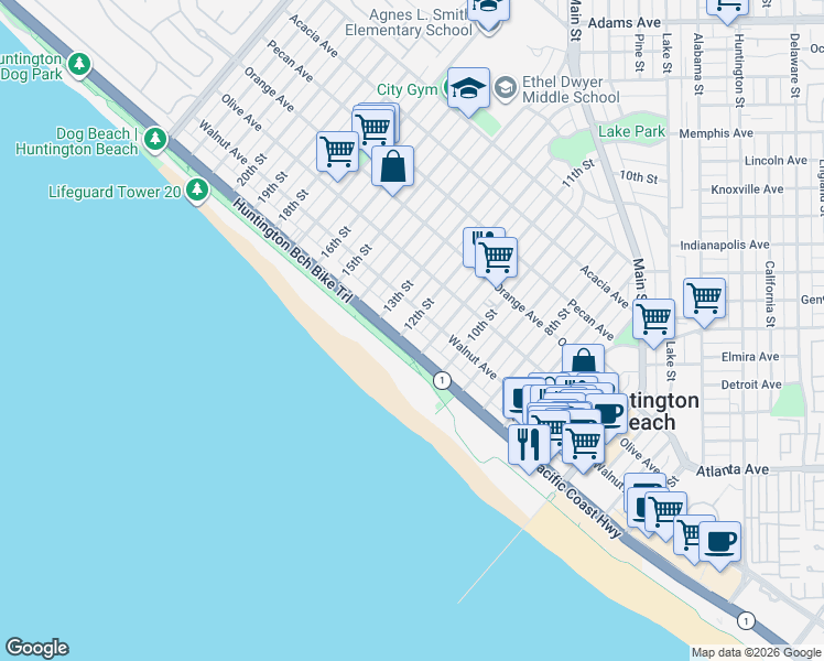 map of restaurants, bars, coffee shops, grocery stores, and more near 1110 Pacific Coast Highway in Huntington Beach