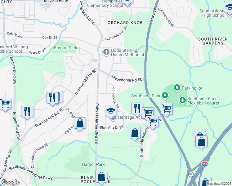 map of restaurants, bars, coffee shops, grocery stores, and more near 426 Cologne Drive Southeast in Atlanta