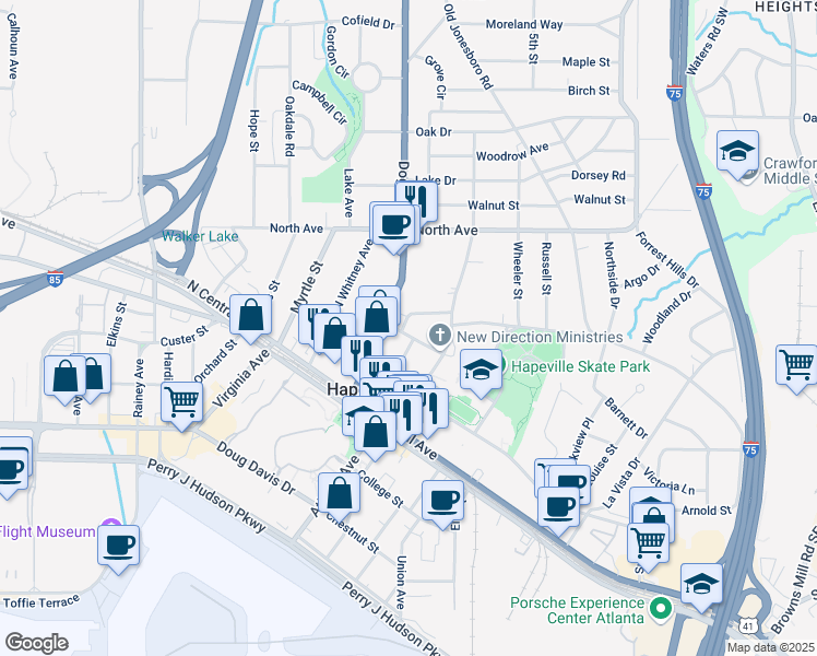 map of restaurants, bars, coffee shops, grocery stores, and more near 576 Marina Street in Atlanta