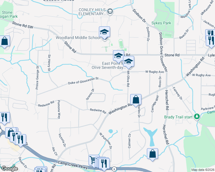 map of restaurants, bars, coffee shops, grocery stores, and more near 2755 Dresden Trail in East Point