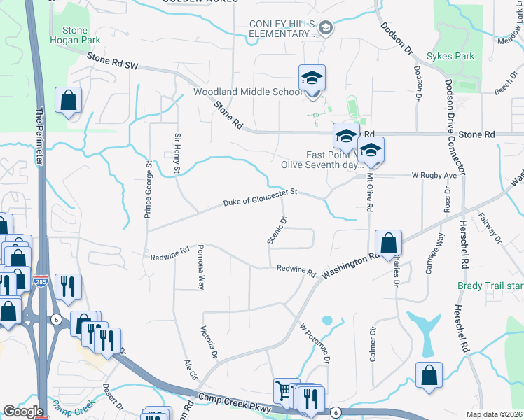 map of restaurants, bars, coffee shops, grocery stores, and more near 2920 Duke of Gloucester Street in East Point
