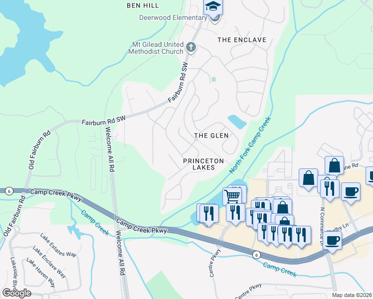 map of restaurants, bars, coffee shops, grocery stores, and more near 3613 Tinsley Way Southwest in Atlanta