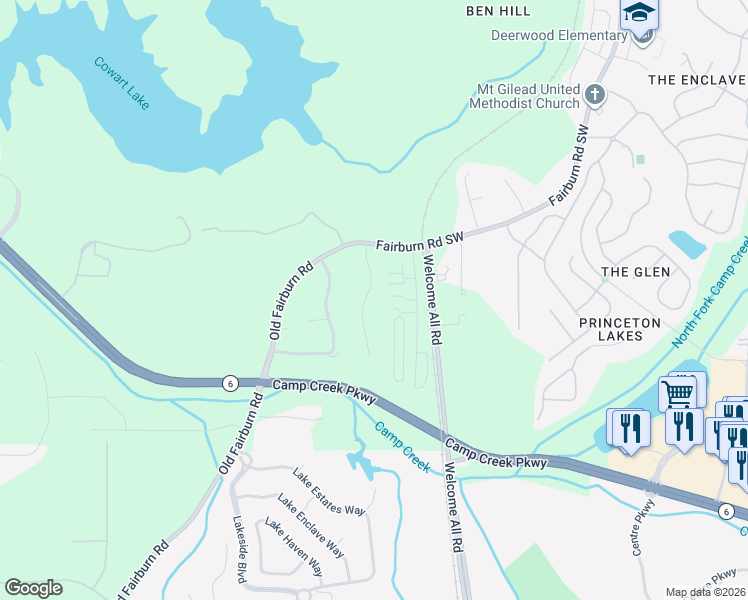 map of restaurants, bars, coffee shops, grocery stores, and more near 3444 Village Park Lane Southwest in Atlanta