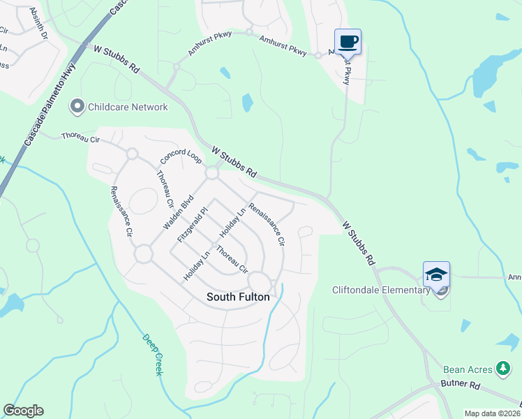 map of restaurants, bars, coffee shops, grocery stores, and more near 3430 Renaissance Circle in Atlanta