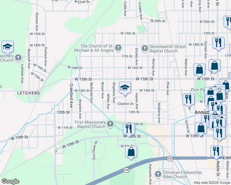 map of restaurants, bars, coffee shops, grocery stores, and more near 1016 West 13th Street in Anniston