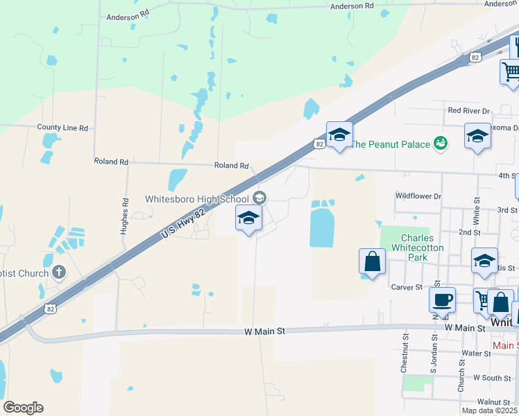 map of restaurants, bars, coffee shops, grocery stores, and more near 1 Bearcat Drive in Whitesboro