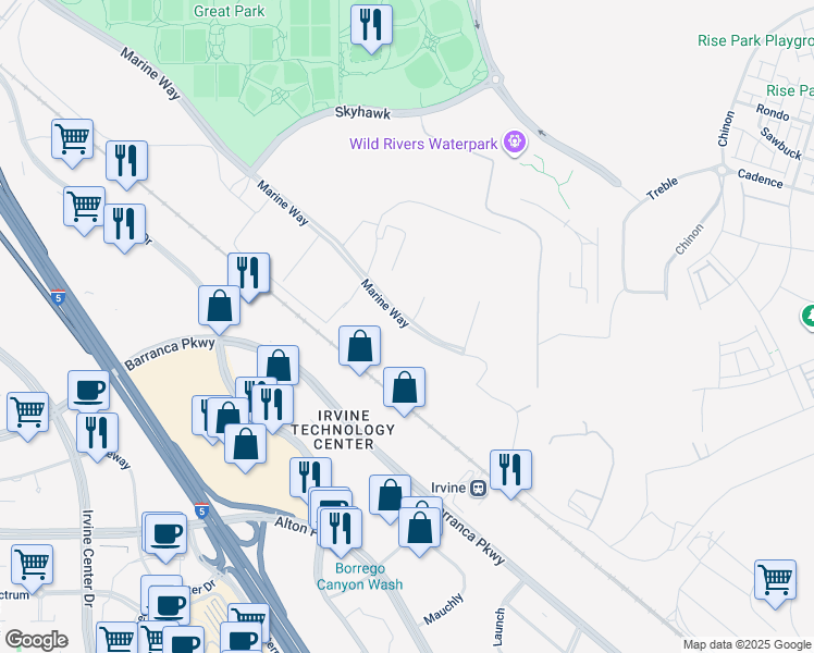 map of restaurants, bars, coffee shops, grocery stores, and more near Marine Way in Irvine