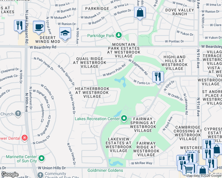 map of restaurants, bars, coffee shops, grocery stores, and more near 9613 West Oraibi Drive in Peoria