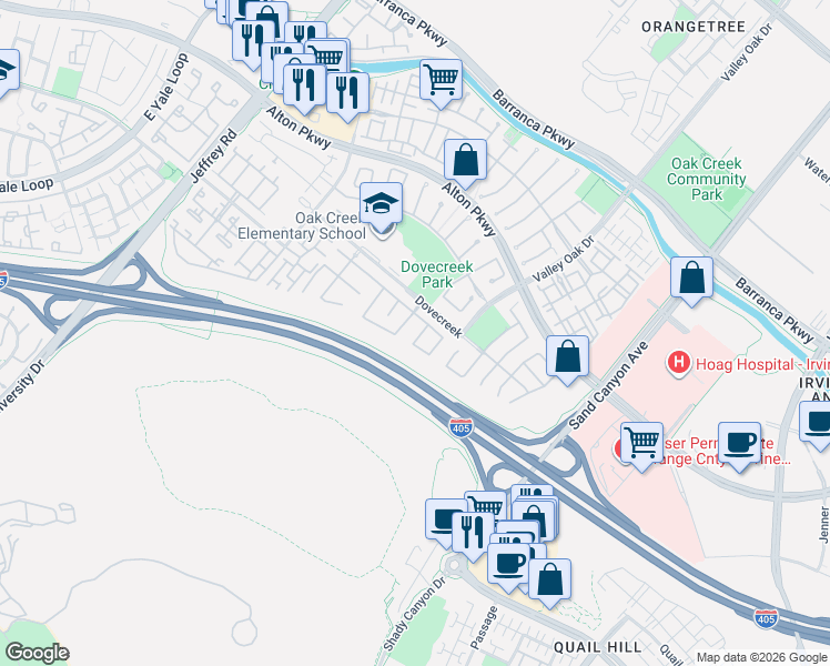 map of restaurants, bars, coffee shops, grocery stores, and more near 85 Quail Canyon in Irvine