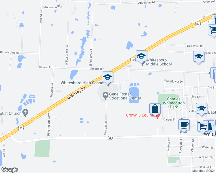 map of restaurants, bars, coffee shops, grocery stores, and more near 1 Bearcat Drive in Whitesboro