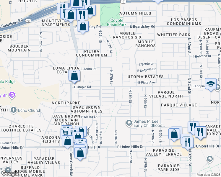 map of restaurants, bars, coffee shops, grocery stores, and more near 2701 East Utopia Road in Phoenix