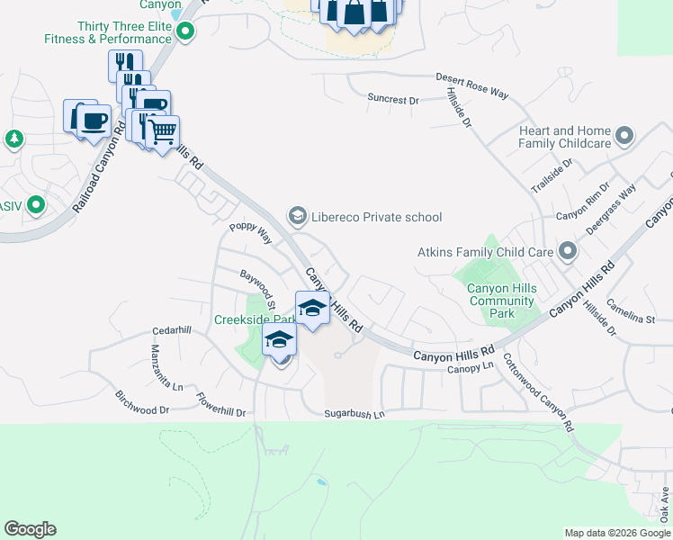 map of restaurants, bars, coffee shops, grocery stores, and more near 32353 Fernleaf Drive in Lake Elsinore
