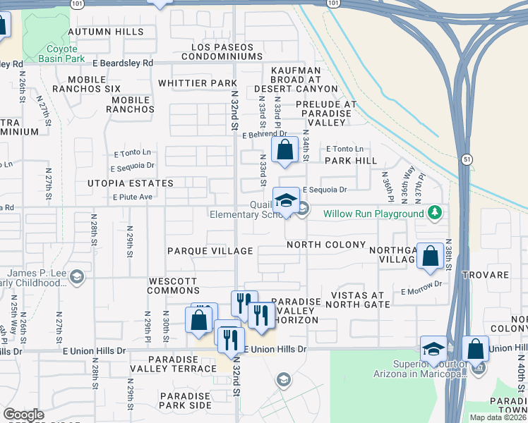 map of restaurants, bars, coffee shops, grocery stores, and more near 3229 East Kristal Way in Phoenix