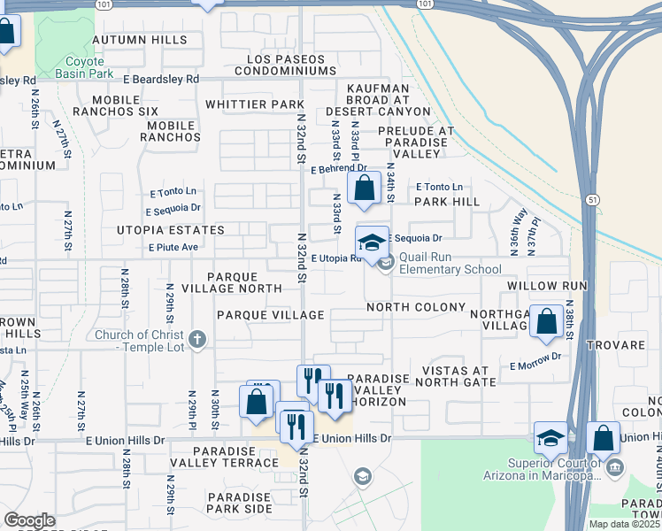 map of restaurants, bars, coffee shops, grocery stores, and more near 3229 East Kristal Way in Phoenix
