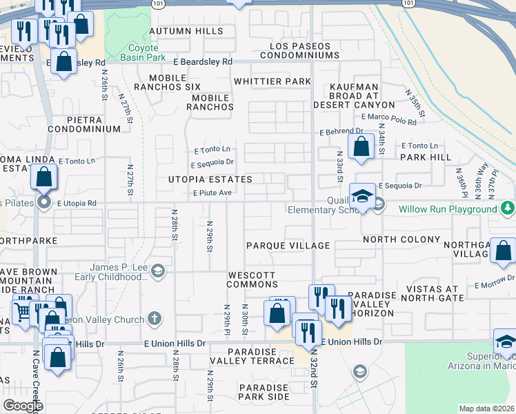 map of restaurants, bars, coffee shops, grocery stores, and more near 3021 East Kerry Lane in Phoenix