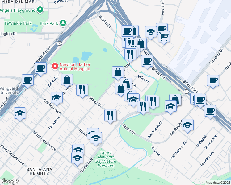 map of restaurants, bars, coffee shops, grocery stores, and more near 20312 Estuary Lane in Newport Beach