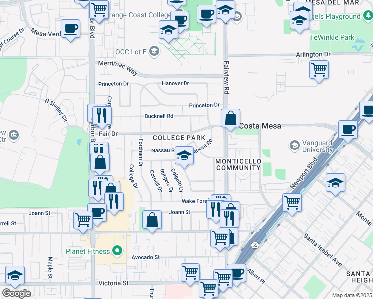 map of restaurants, bars, coffee shops, grocery stores, and more near 2380 Notre Dame Road in Costa Mesa
