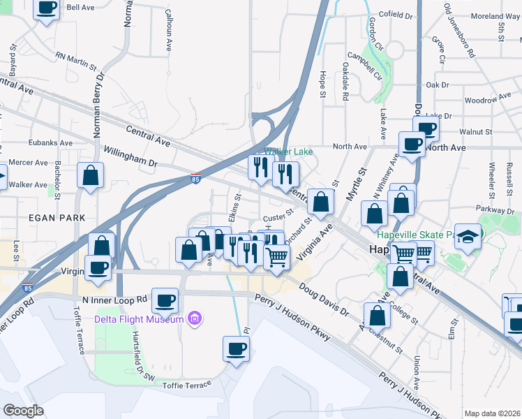 map of restaurants, bars, coffee shops, grocery stores, and more near 892 Custer Street in Hapeville