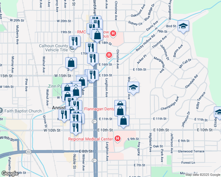 map of restaurants, bars, coffee shops, grocery stores, and more near 1327 Leighton Avenue in Anniston