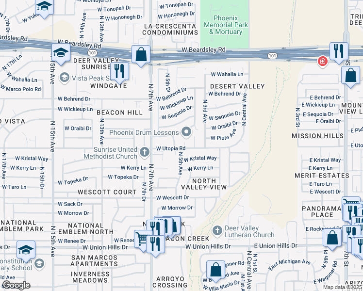 map of restaurants, bars, coffee shops, grocery stores, and more near 19237 North 5th Avenue in Phoenix