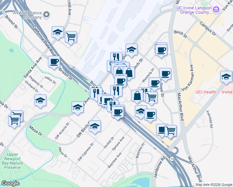 map of restaurants, bars, coffee shops, grocery stores, and more near 3620 Birch Street in Newport Beach