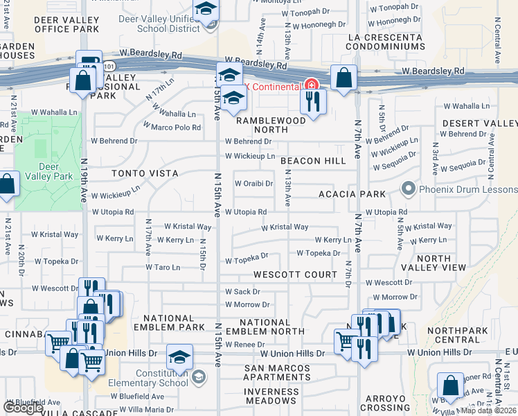 map of restaurants, bars, coffee shops, grocery stores, and more near 1340 West Utopia Road in Phoenix