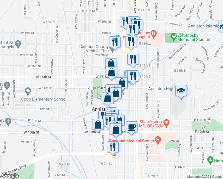 map of restaurants, bars, coffee shops, grocery stores, and more near 1330 Noble Street in Anniston