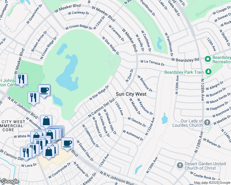 map of restaurants, bars, coffee shops, grocery stores, and more near 19654 North Camino Del Sol in Sun City West