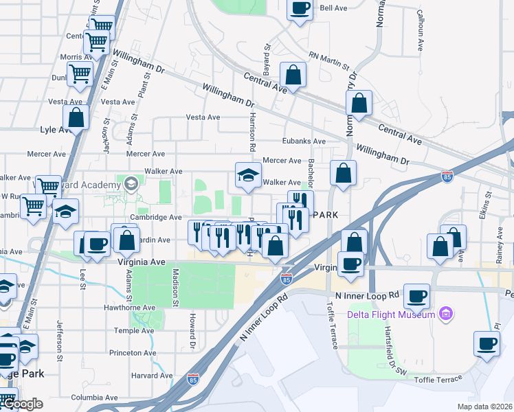 map of restaurants, bars, coffee shops, grocery stores, and more near 3439 Lee Street in East Point