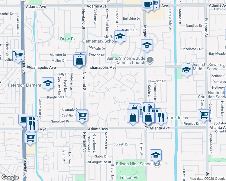 map of restaurants, bars, coffee shops, grocery stores, and more near 8855 Sutter Circle in Huntington Beach