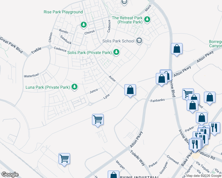map of restaurants, bars, coffee shops, grocery stores, and more near 138 Billings in Irvine