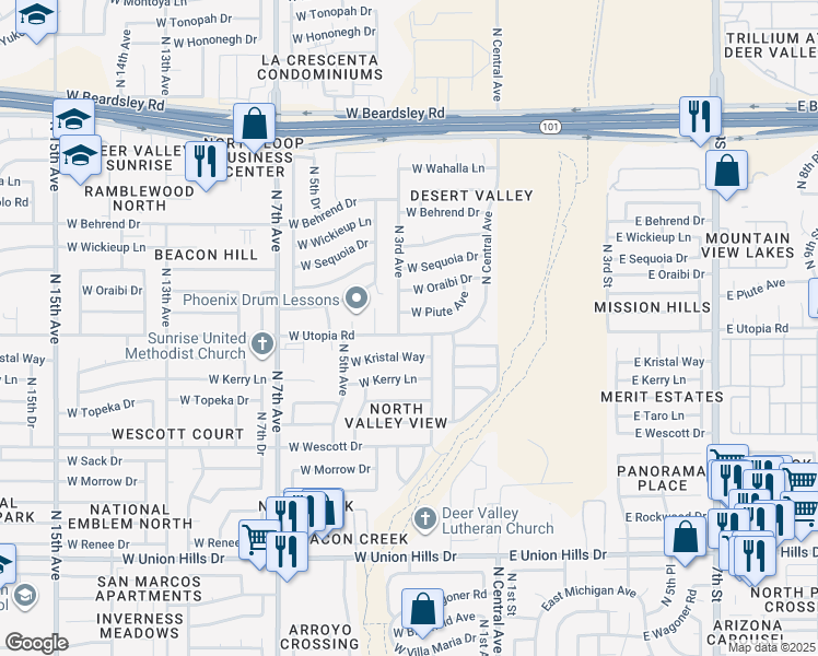 map of restaurants, bars, coffee shops, grocery stores, and more near 222 West Kristal Way in Phoenix