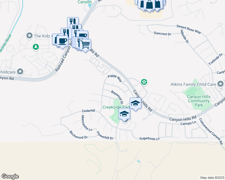 map of restaurants, bars, coffee shops, grocery stores, and more near 32049 Baywood Street in Lake Elsinore