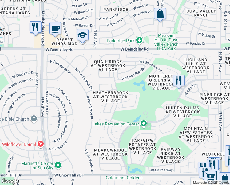 map of restaurants, bars, coffee shops, grocery stores, and more near 19621 North 98th Avenue in Peoria