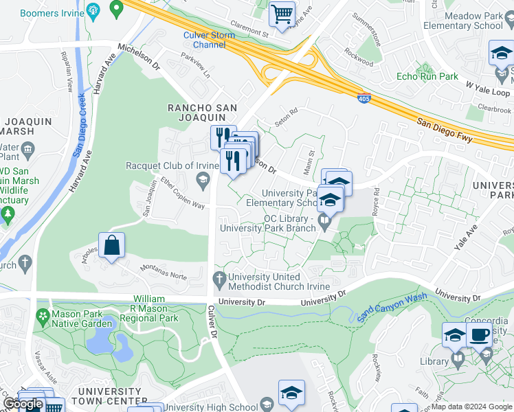 map of restaurants, bars, coffee shops, grocery stores, and more near 32 Leatherwood Way in Irvine